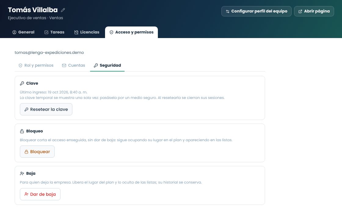 Sección Seguridad con Resetear la clave, Bloquear y Dar de baja