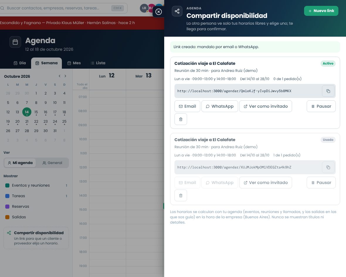 Panel Compartir disponibilidad con un link activo y los botones Email, WhatsApp, Ver como invitado y Pausar