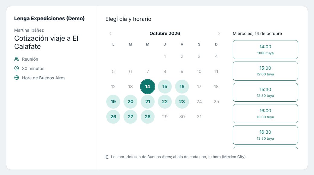 Página del link: los días con horarios libres y los horarios del día elegido, también en la hora del invitado