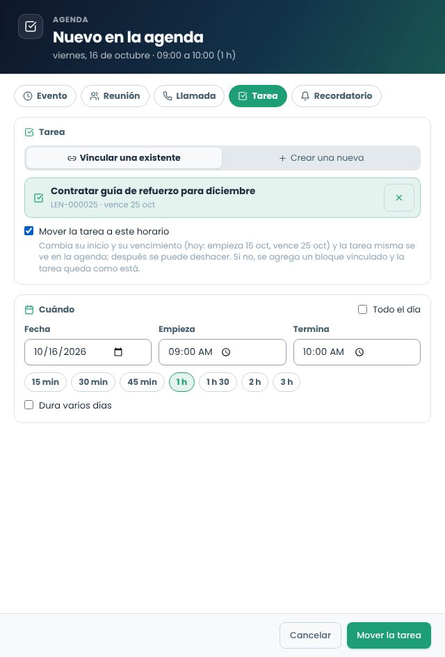 Tarea existente elegida con la opción Mover la tarea a este horario marcada