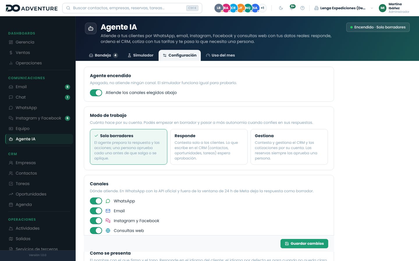 Configuración del agente: encendido, modo de trabajo con sus tres opciones y canales