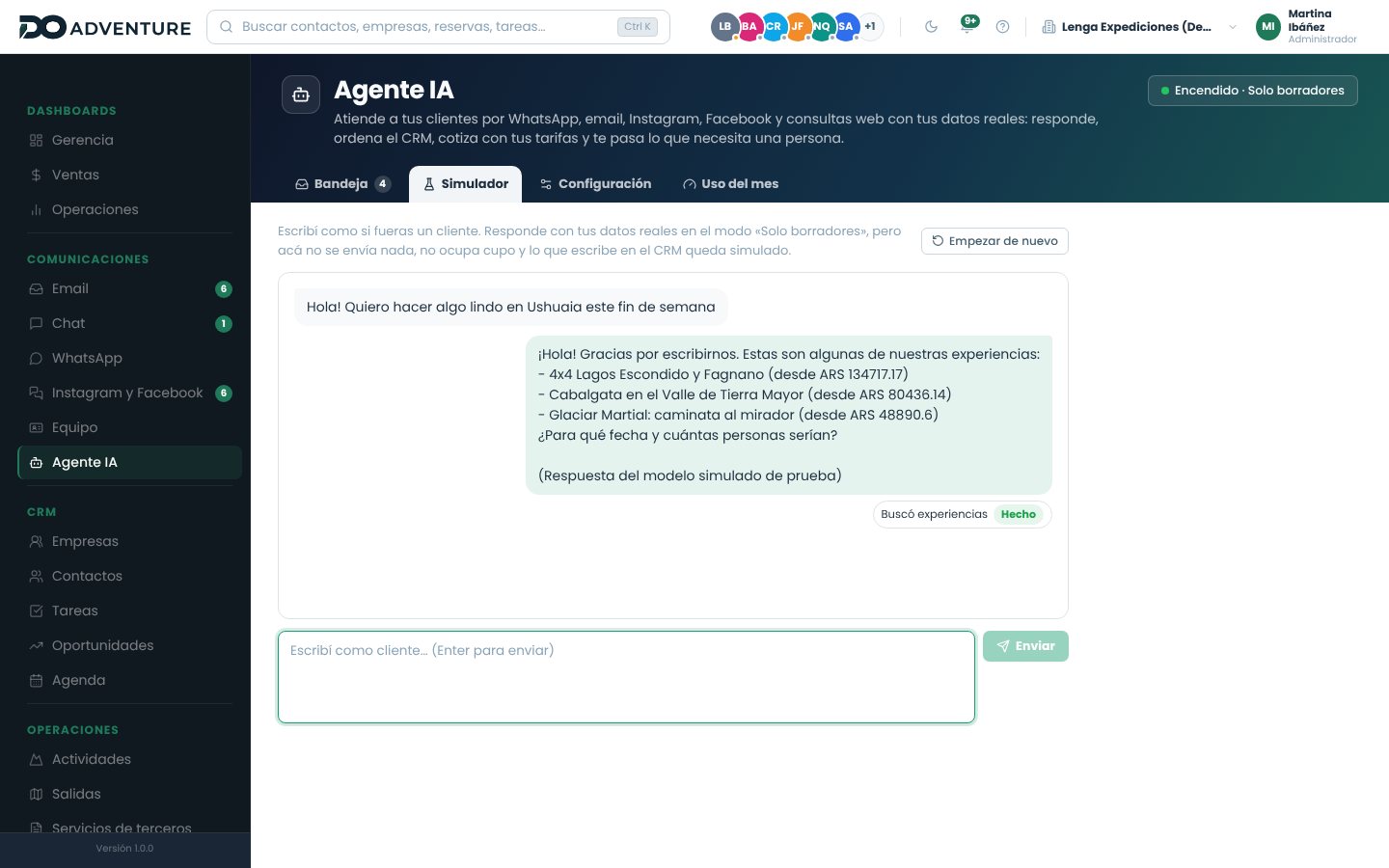 Simulador del agente con un mensaje de prueba, la respuesta y la búsqueda de experiencias que hizo