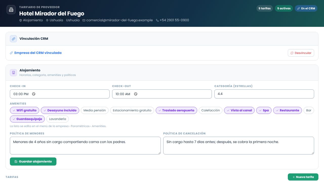 Ficha de un hotel con check-in, check-out, categoría, amenities marcados y políticas