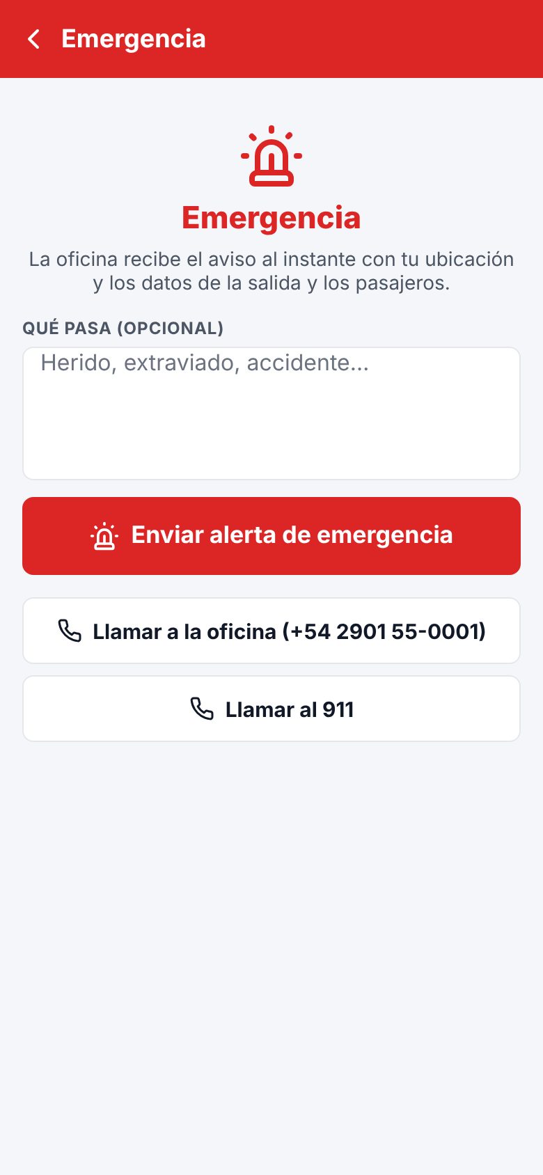 Pantalla para enviar una alerta de emergencia