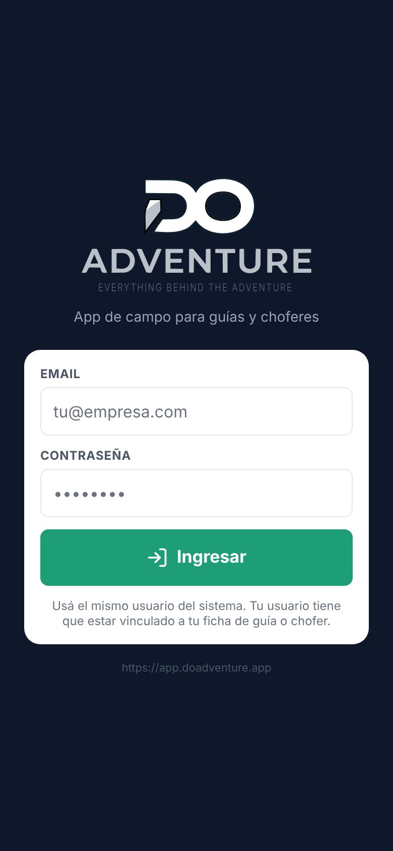 Pantalla de ingreso con email y contraseña