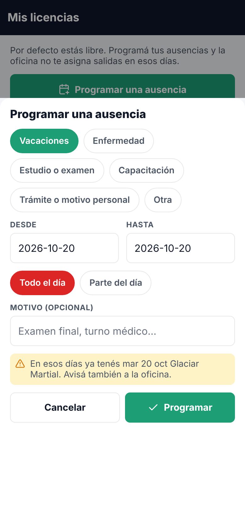 Formulario para programar una ausencia con tipo, fechas, todo el día o parte y motivo