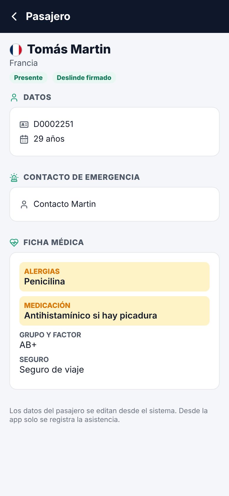 Ficha del pasajero con su bandera, alergias y medicación resaltadas