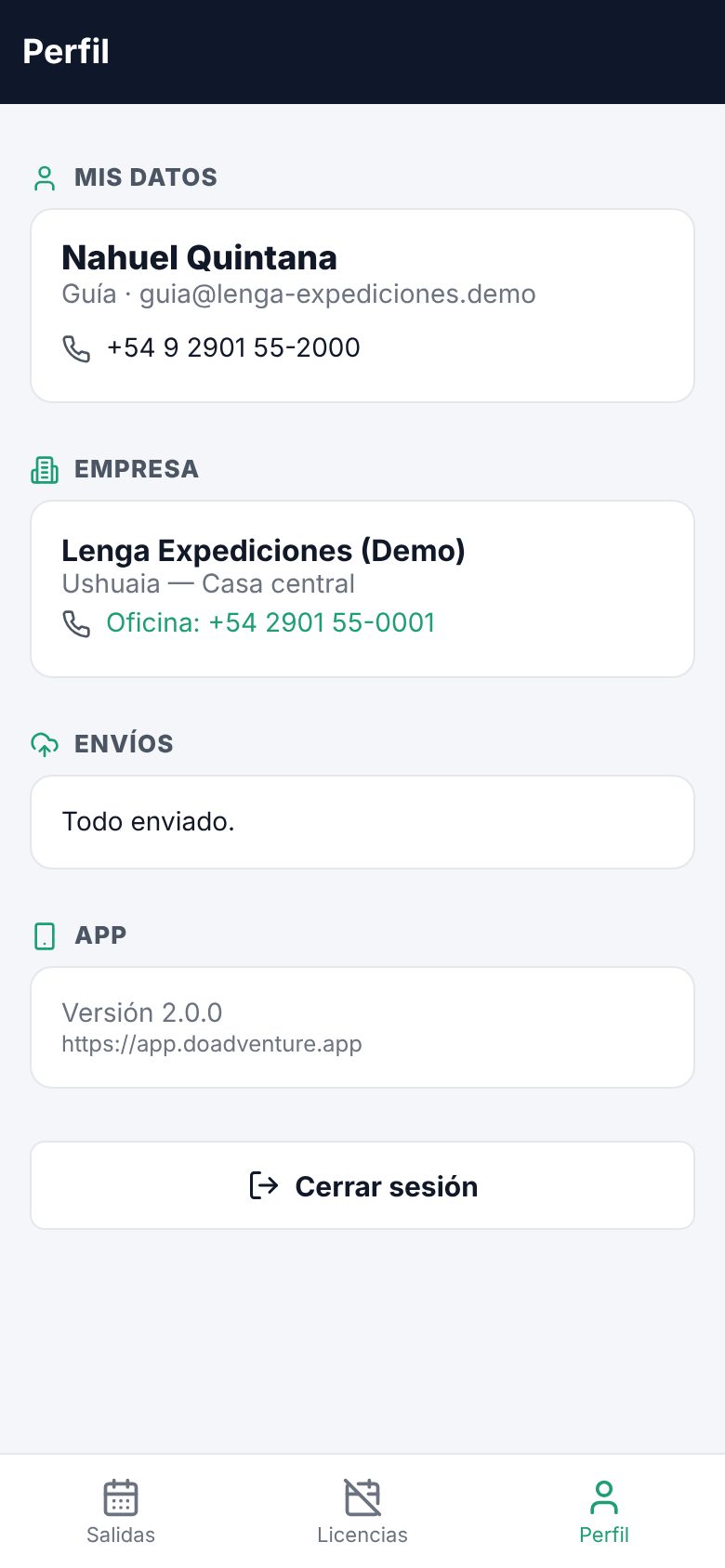 Perfil del guía con datos de la empresa y envíos
