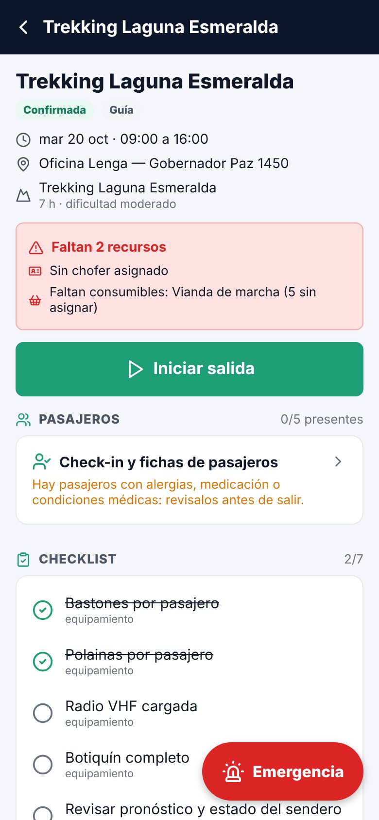 Ficha de la salida confirmada con faltantes y botón Iniciar salida