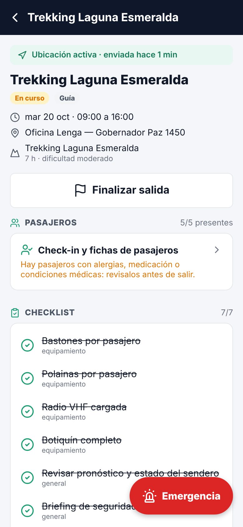 Salida en curso con botón Finalizar salida