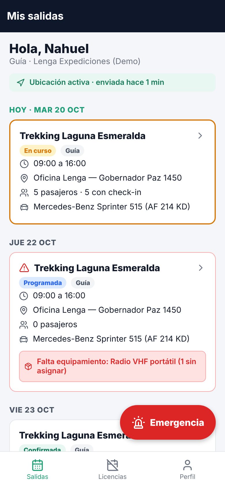 Lista de salidas con una en curso y otra con faltantes