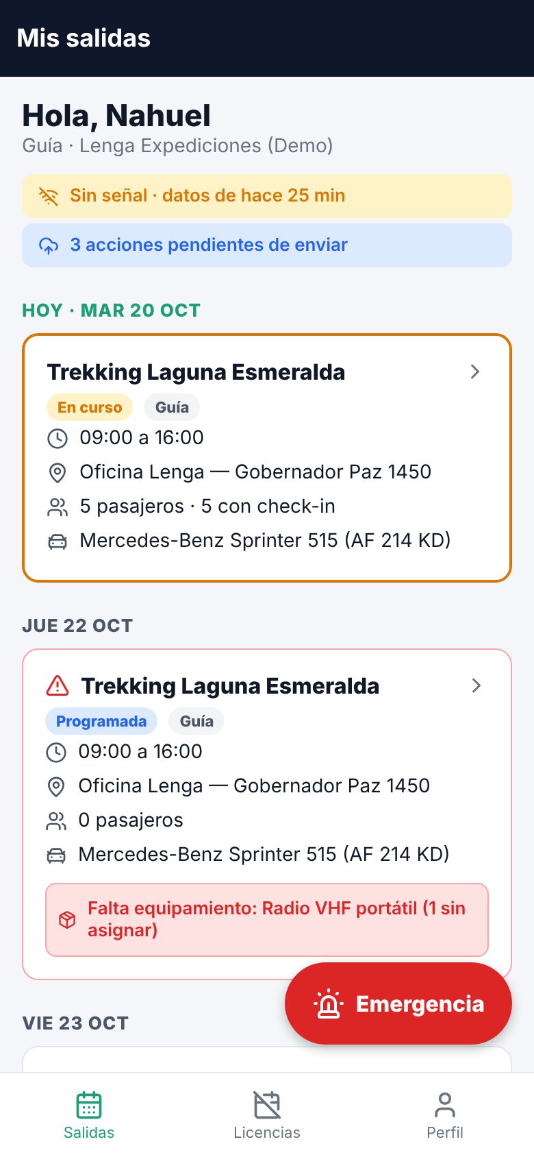 Lista de salidas sin señal con acciones pendientes