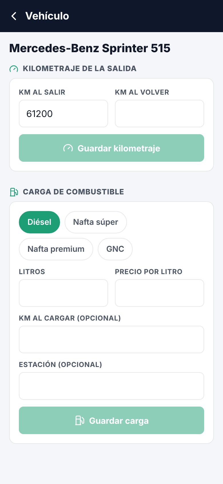 Kilometraje y carga de combustible del vehículo