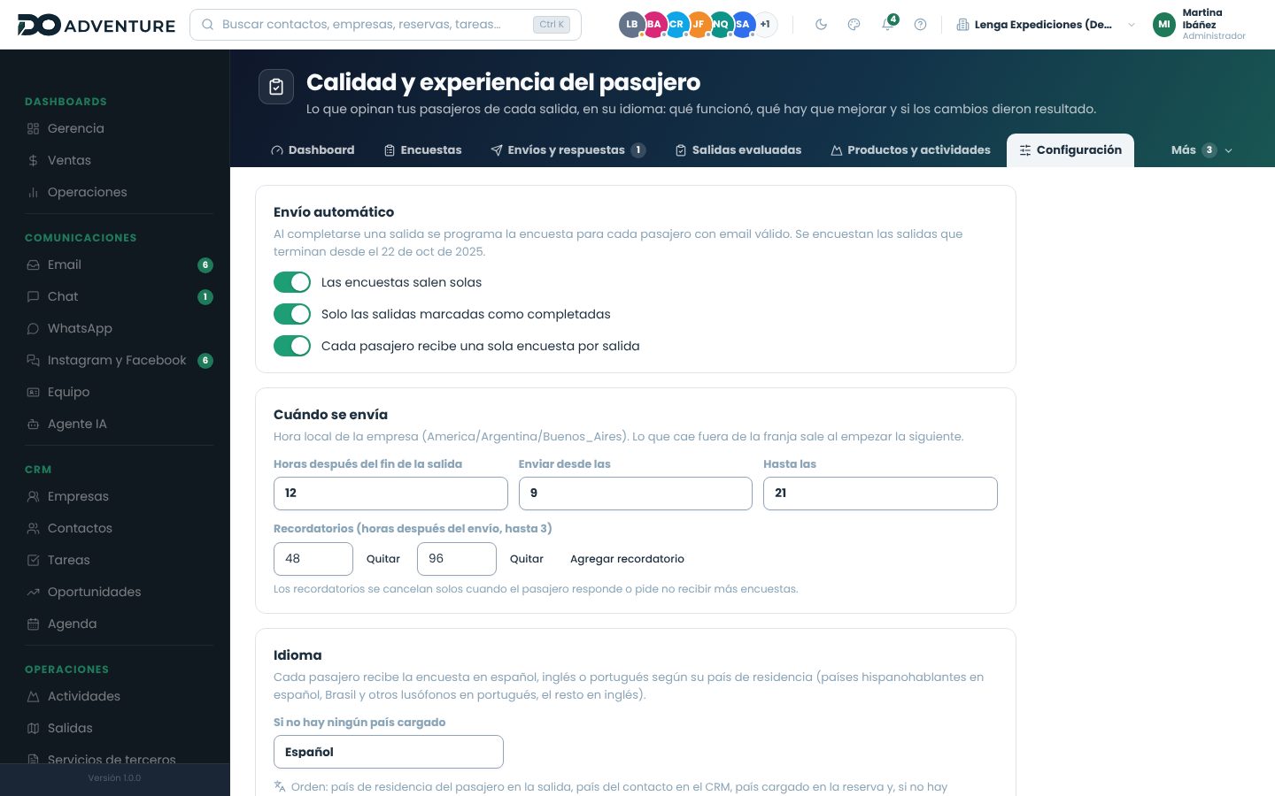 Configuración de calidad con el envío automático, el horario, los recordatorios y el idioma por defecto