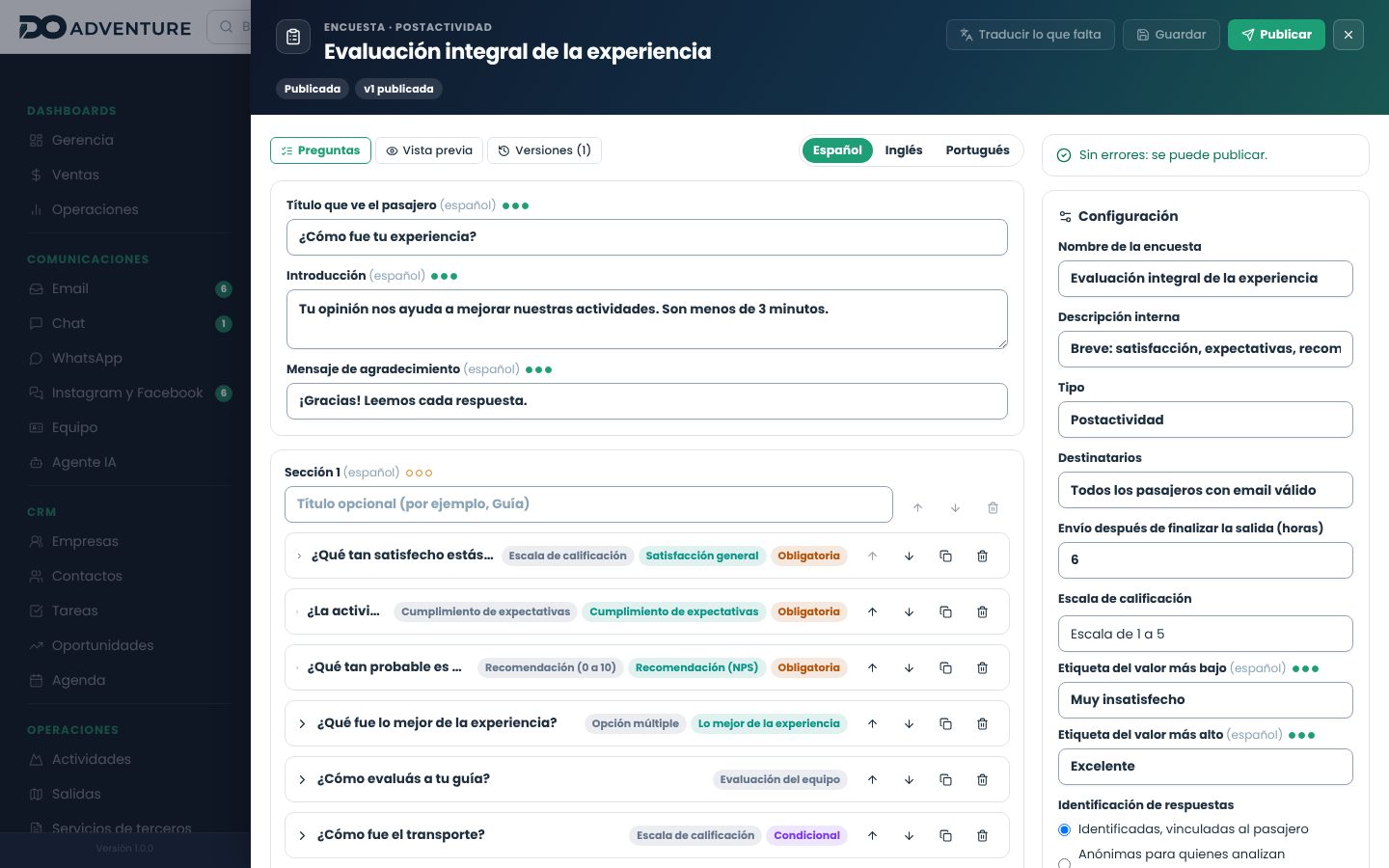 Editor de encuesta con las secciones y preguntas en español, los indicadores de idioma, la configuración y el aviso de que se puede publicar