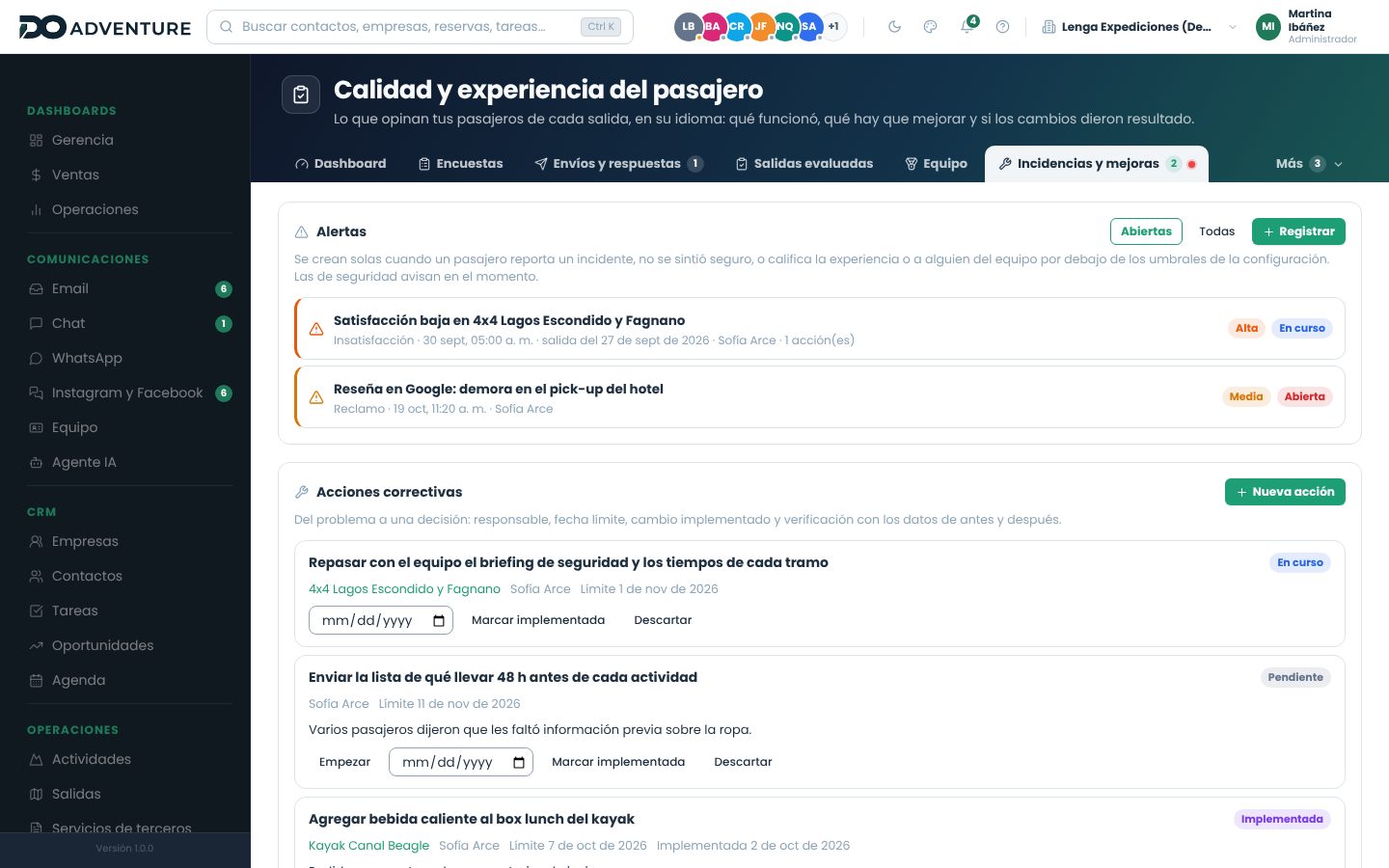 Incidencias y mejoras con las alertas abiertas y las acciones correctivas en curso, pendientes e implementadas