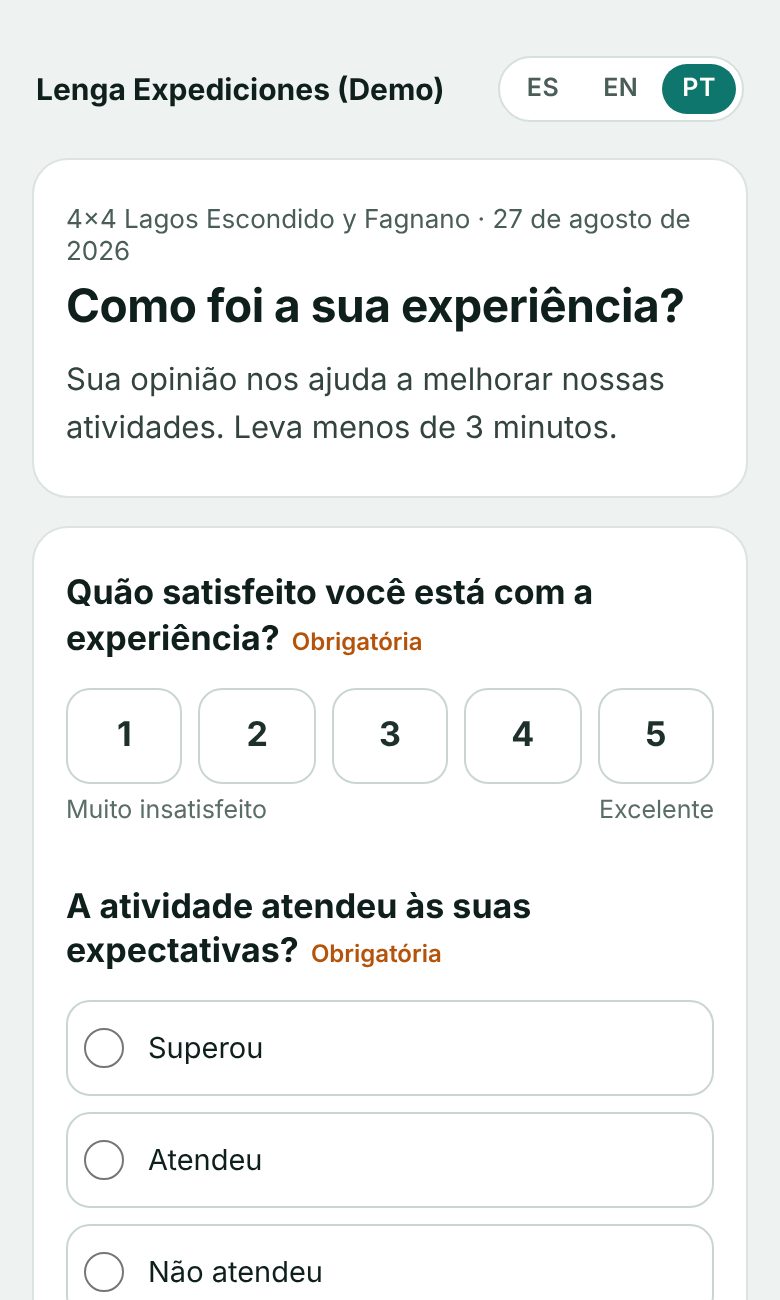 Encuesta en portugués en el celular: satisfacción de 1 a 5, expectativas y recomendación de 0 a 10