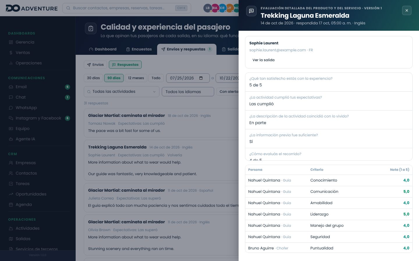 Respuesta de una pasajera con cada pregunta contestada y la evaluación del guía por criterio