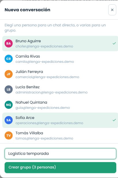 Diálogo Nueva conversación con dos personas elegidas y el nombre del grupo
