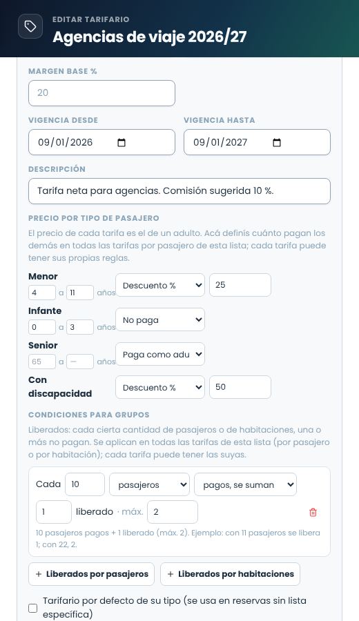 Sección Condiciones para grupos del tarifario Agencias con 10 pasajeros pagos más 1 liberado, máximo 2