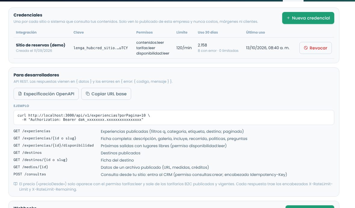 Pantalla API con la lista de credenciales con permisos, límite y uso, y la guía para desarrolladores