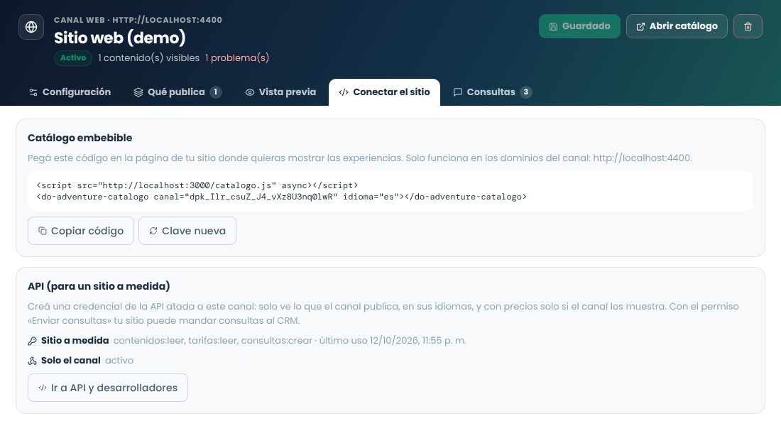 Código para pegar el catálogo en el sitio y credenciales de la API atadas al canal