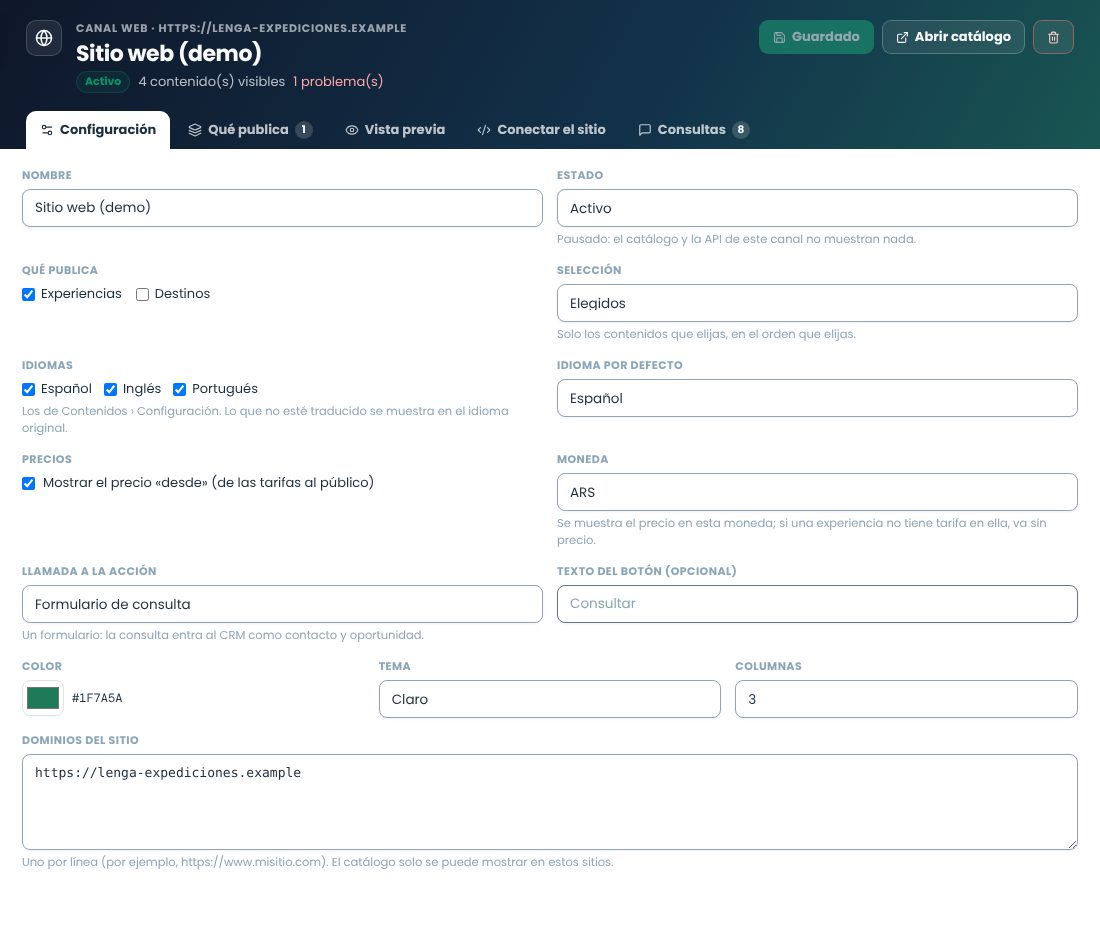 Configuración de un canal web: qué publica, selección, idiomas, precios y moneda, llamada a la acción, color, tema, columnas y dominios