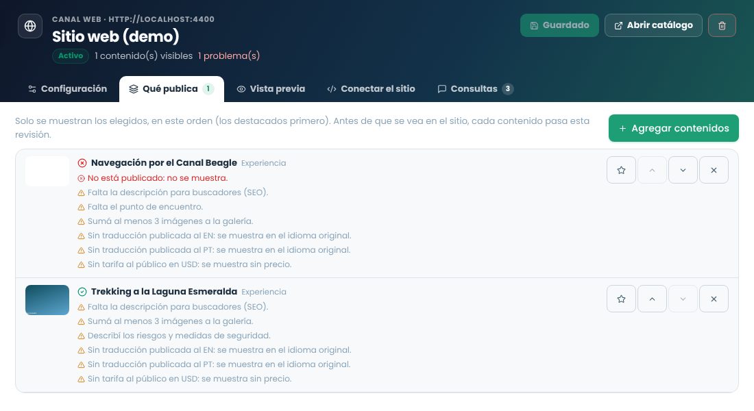Lista de contenidos del canal: uno no se muestra porque no está publicado y el otro se muestra, con avisos de traducciones y tarifas faltantes