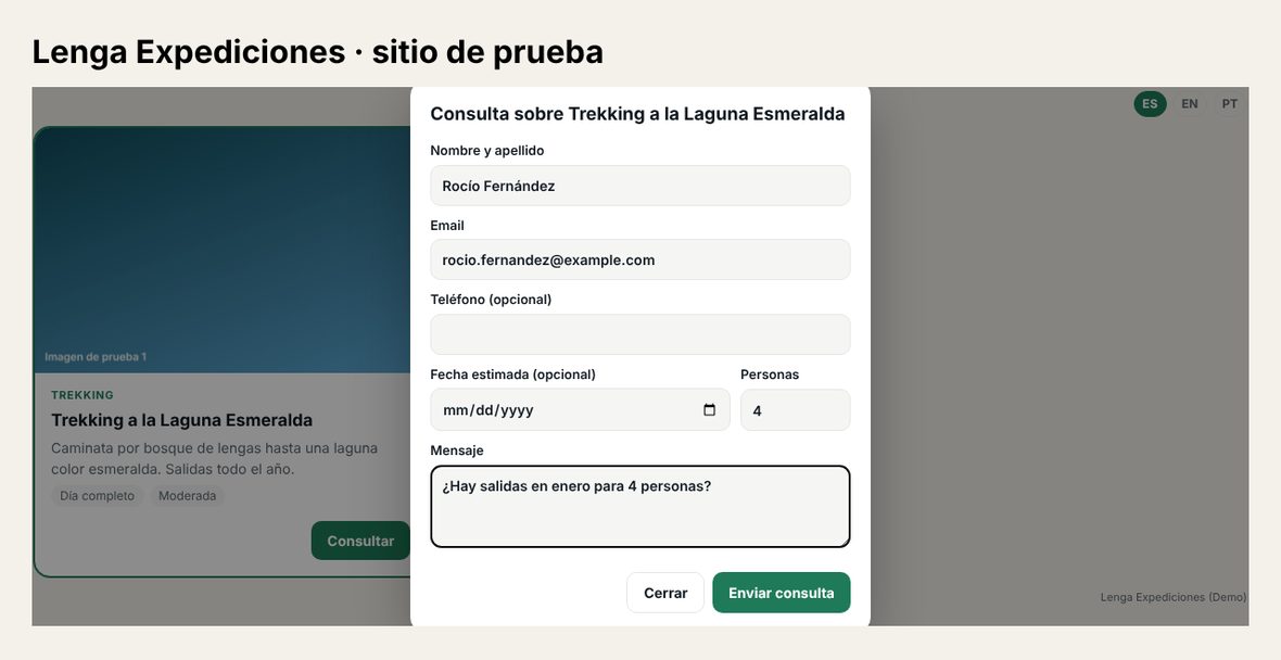 Catálogo embebido en un sitio web con el formulario de consulta abierto