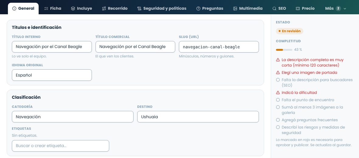 Editor de una experiencia en revisión con la completitud en 43 % y la lista de faltantes en rojo y en gris