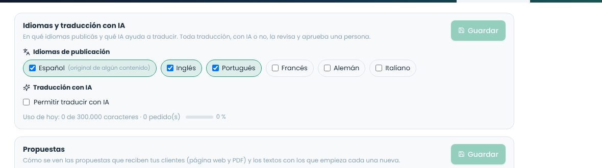 Configuración de idiomas de publicación y de la traducción con IA con proveedor, modelo y uso del día