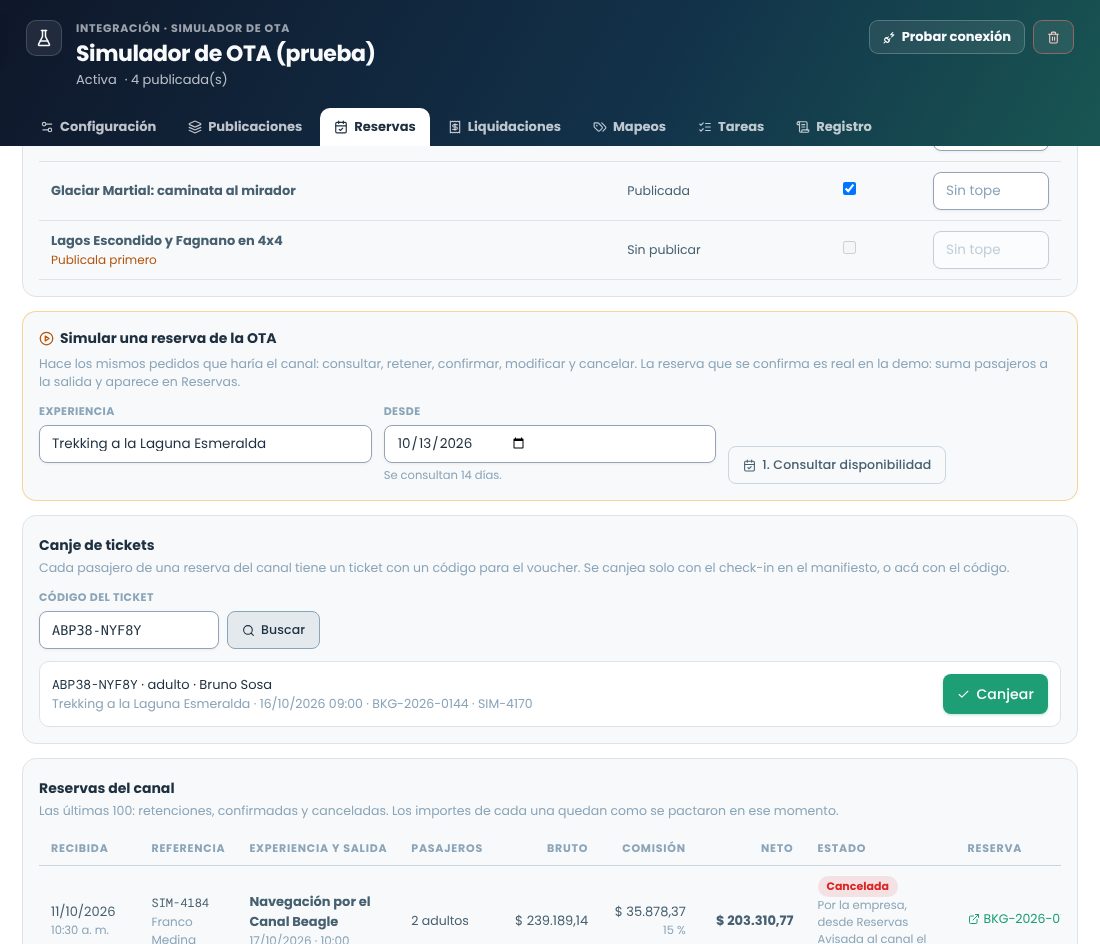 Canje de tickets: búsqueda por código con el pasajero, la experiencia, la salida y el botón Canjear; abajo, las reservas del canal con sus tickets
