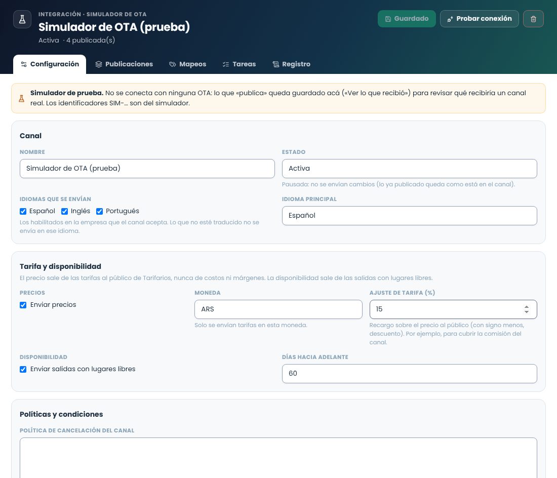 Configuración de una integración: idiomas, idioma principal, precios, moneda, ajuste de tarifa, disponibilidad y días hacia adelante