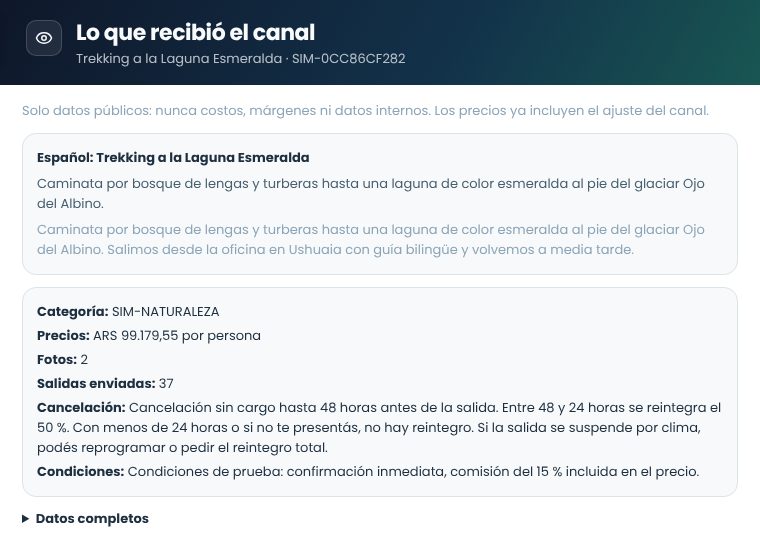 Lo que recibió el canal: textos, categoría, precio con el ajuste, fotos, salidas, política de cancelación y condiciones