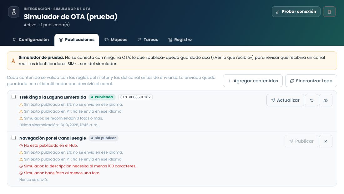 Publicaciones de una integración: una experiencia publicada con su identificador y otra sin publicar con los motivos