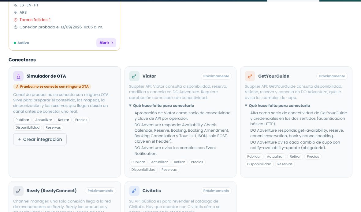 Pestaña Integraciones con las integraciones y los conectores disponibles