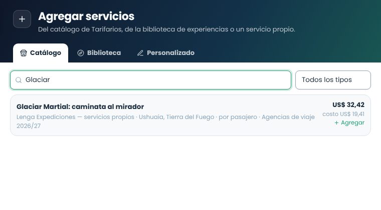 Panel Agregar servicios con la búsqueda en el catálogo de Tarifarios