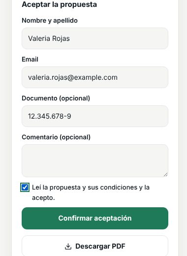 Formulario de aceptación con nombre, email, documento, comentario y la casilla de conformidad