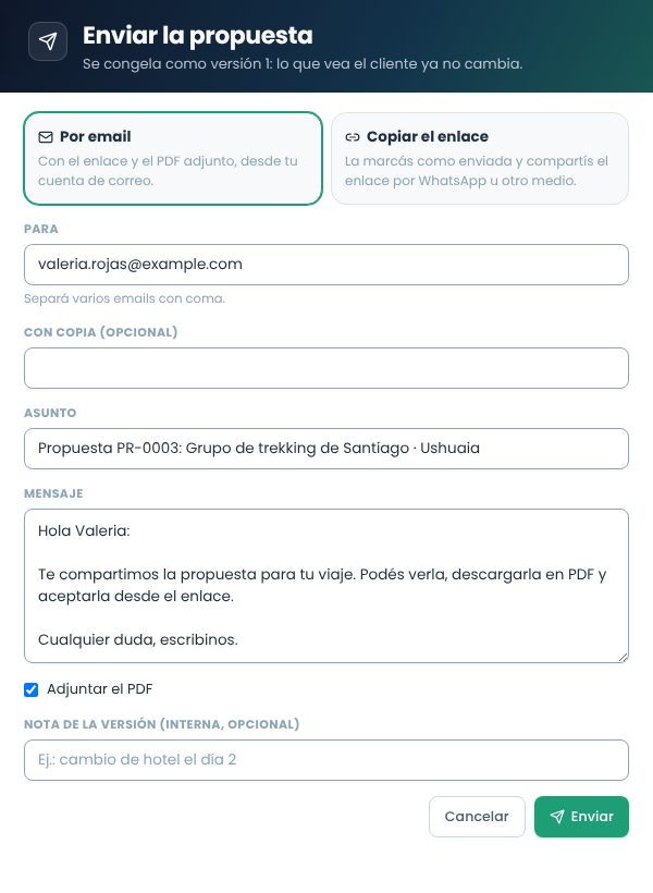 Panel para enviar la propuesta por email o copiando el enlace, con destinatario, asunto, mensaje y PDF adjunto