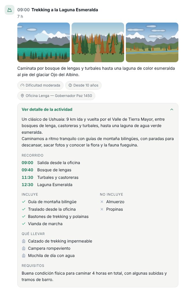 Servicio Trekking a la Laguna Esmeralda en la propuesta del cliente, con tres fotos, el resumen, la dificultad, la edad mínima, el punto de encuentro y el detalle desplegado con recorrido, incluye, no incluye y qué llevar