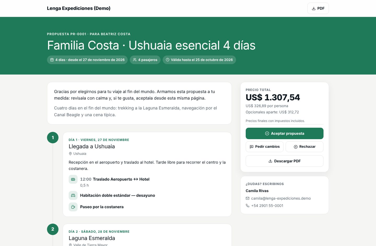 Página de la propuesta para el cliente con el título, los días, el precio total y los botones Aceptar, Pedir cambios y Rechazar