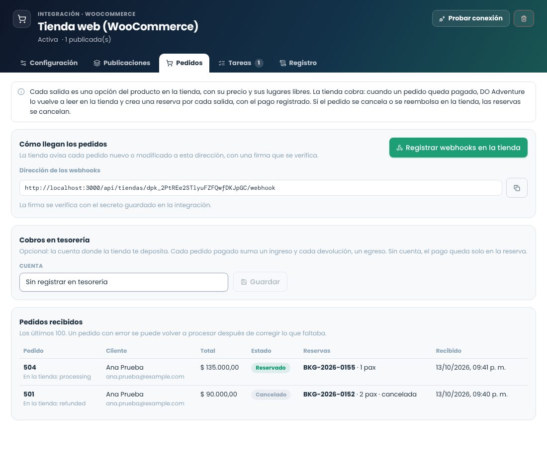 Pestaña Pedidos de una integración con WooCommerce: dirección de los webhooks, cuenta de tesorería y pedidos con su estado y sus reservas