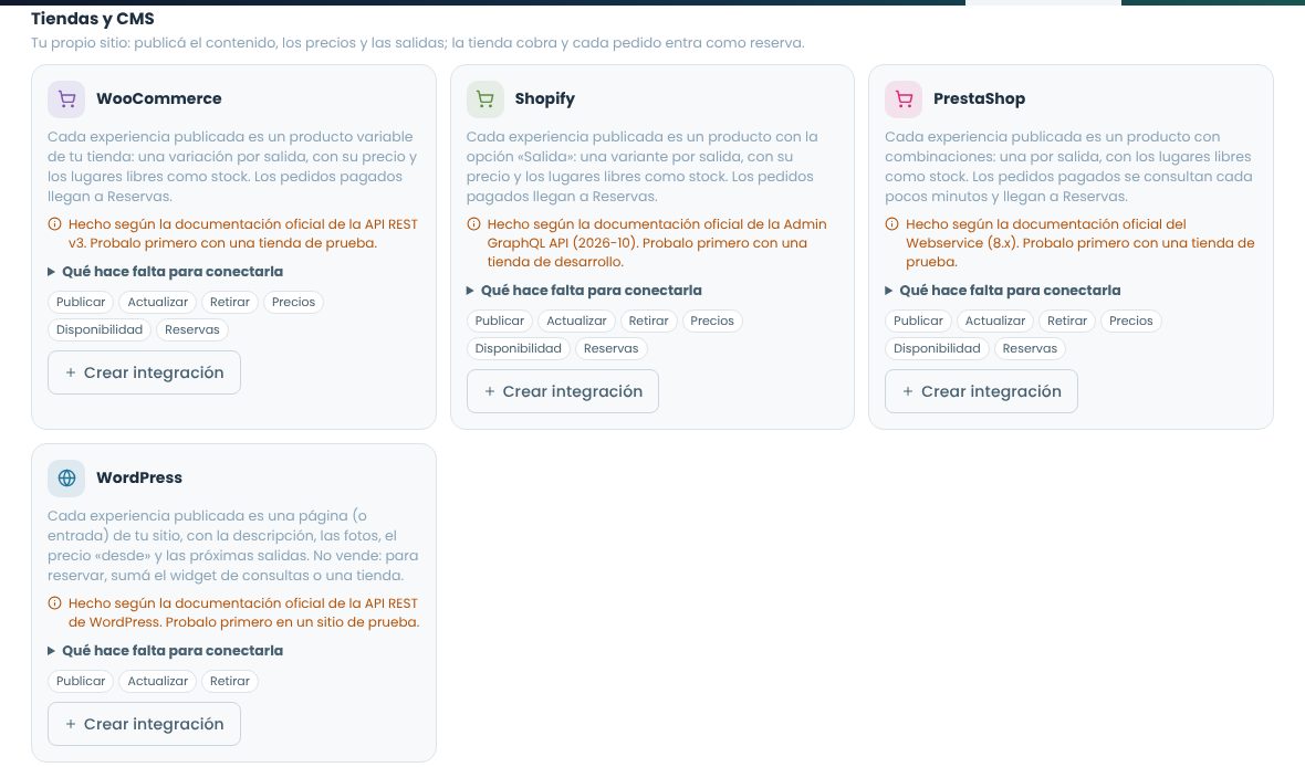 Grupo Tiendas y CMS con los conectores de WooCommerce, Shopify, PrestaShop y WordPress, cada uno con lo que hace y la nota de probarlo primero con una tienda de prueba