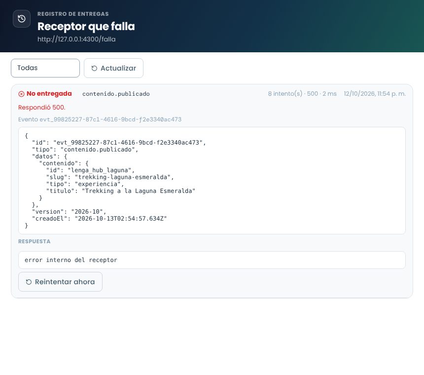 Registro de entregas de un webhook con un evento no entregado, su contenido, la respuesta del receptor y el botón Reintentar ahora