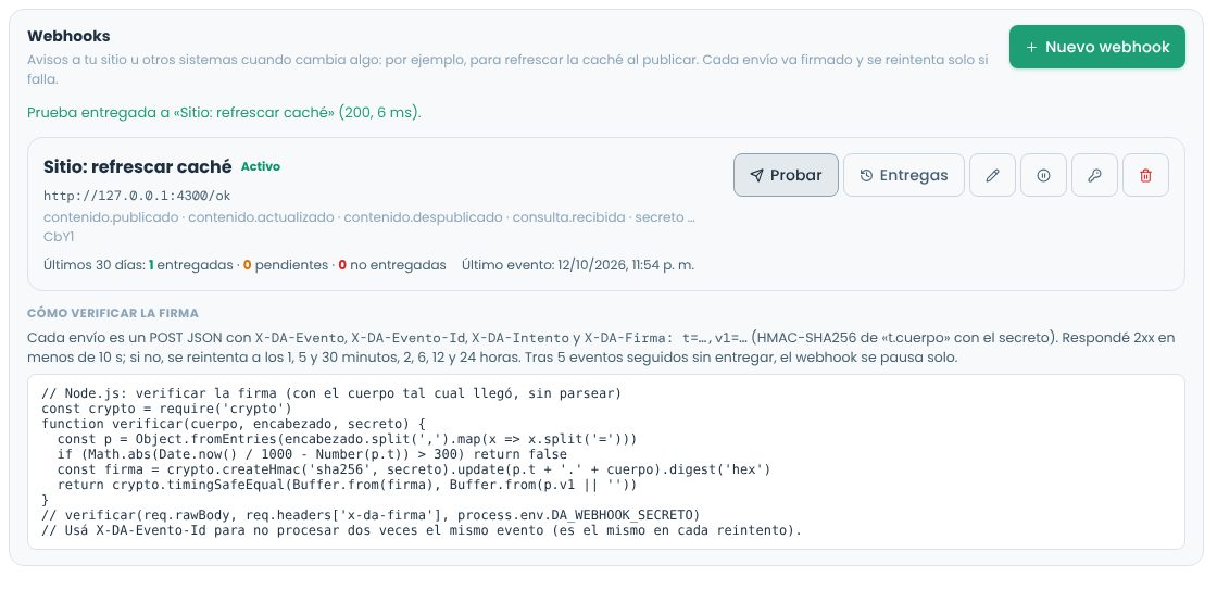 Sección Webhooks con un webhook activo, sus eventos, entregas de los últimos 30 días y el ejemplo para verificar la firma