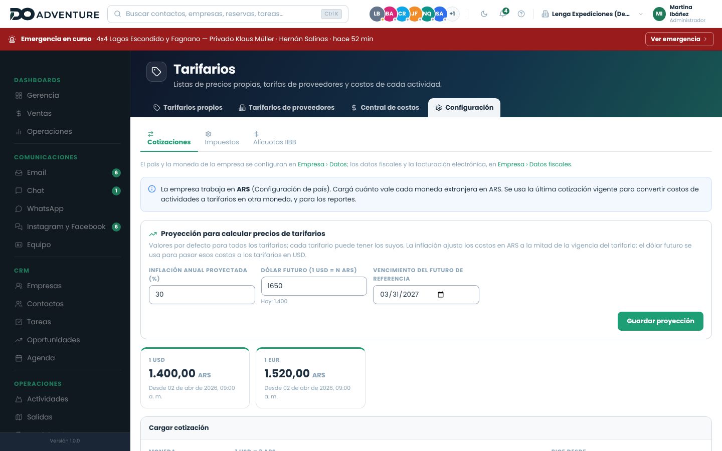 Configuración, Cotizaciones: bloque Proyección para calcular precios de tarifarios con inflación anual, dólar futuro y vencimiento
