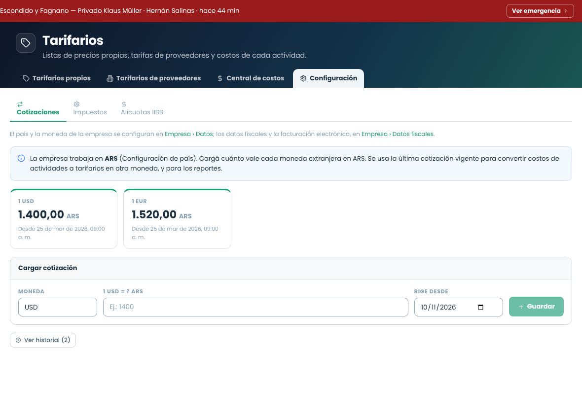 Pantalla de cotizaciones con USD y EUR vigentes y el formulario para cargar una nueva