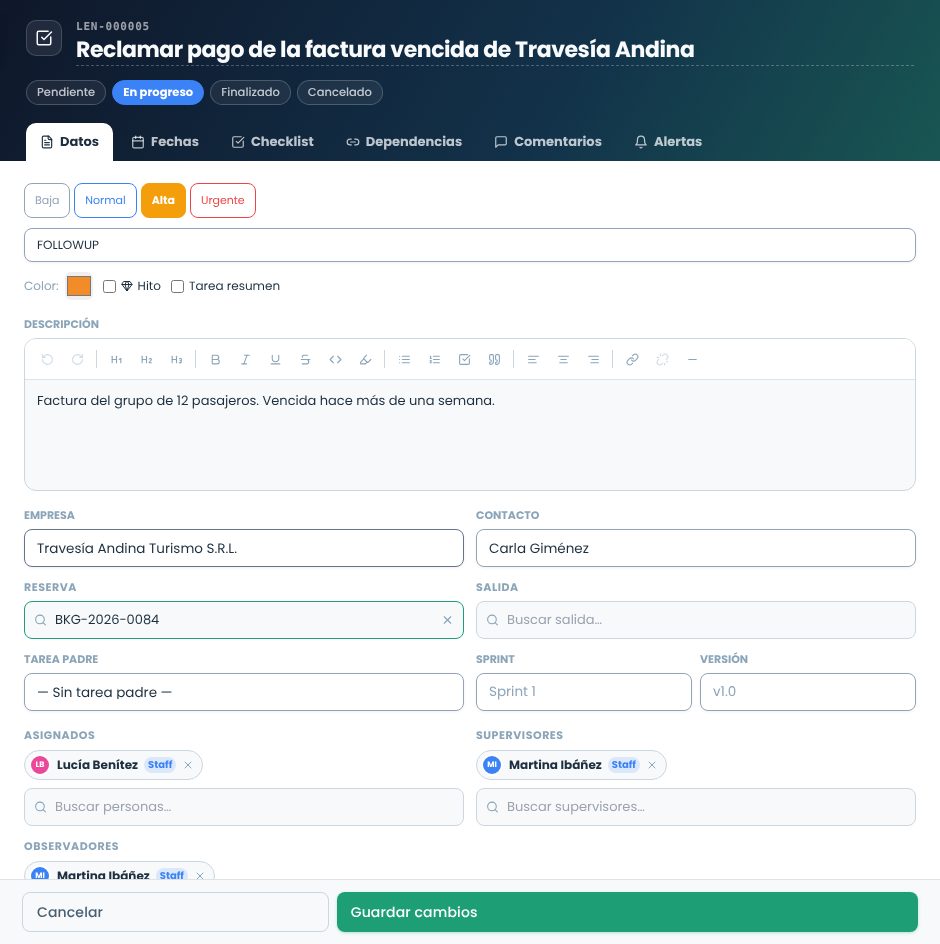 Panel de una tarea en progreso con prioridad alta, descripción, empresa, contacto, reserva, asignados y supervisores