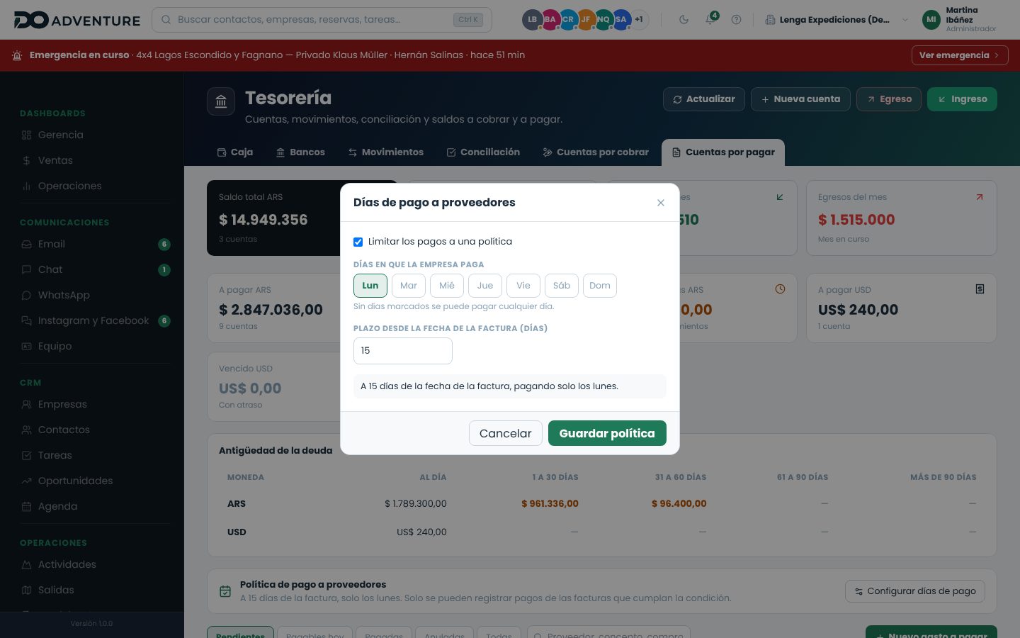 Ventana Días de pago a proveedores con los días de la semana, el plazo en días y el resumen