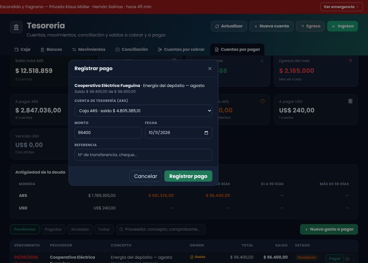 Ventana Registrar pago con cuenta de tesorería, monto, fecha y referencia